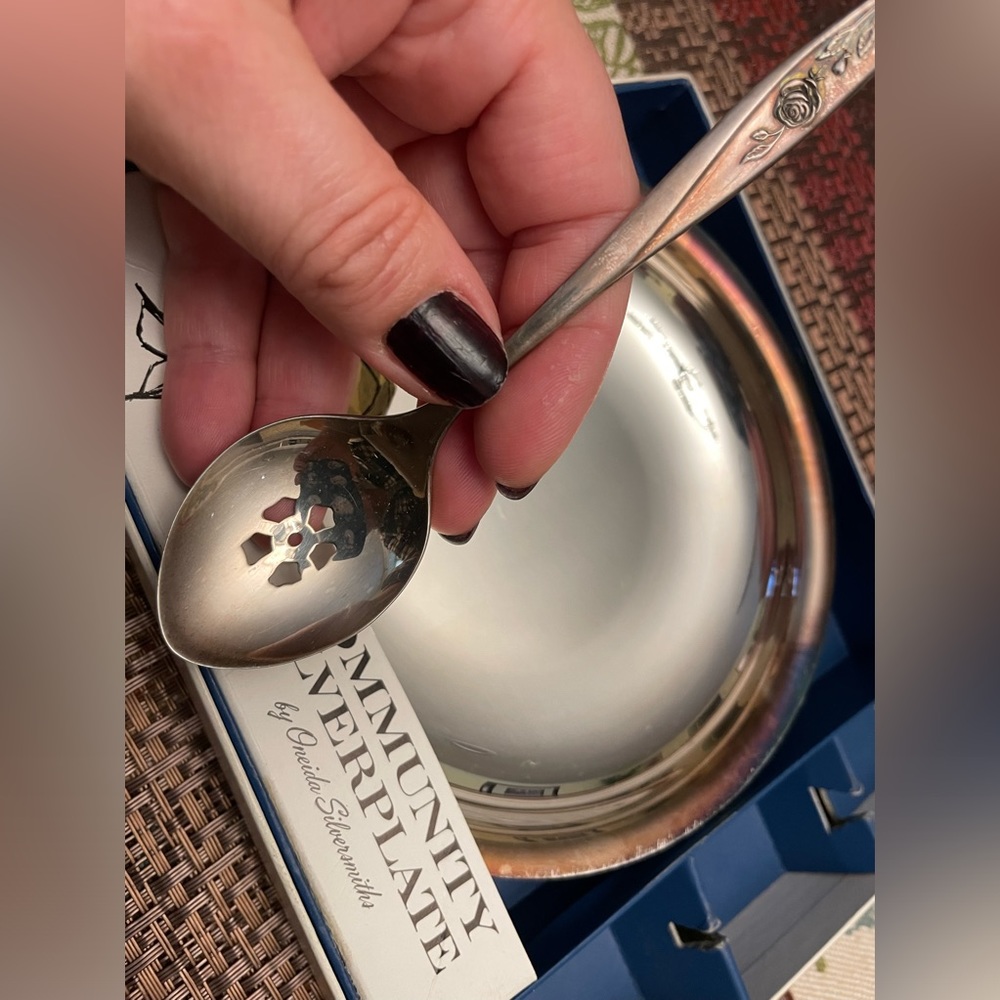 Vintage Morning Rose Community Silverplate relish dish and spoon set Oneida…..